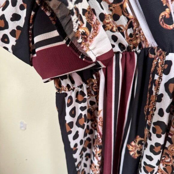 BOOHOO Faux Wrap Chain Mixed Print Dress Midi Lightweight V Neck Belt Plus Sz 20 - Picture 7 of 16